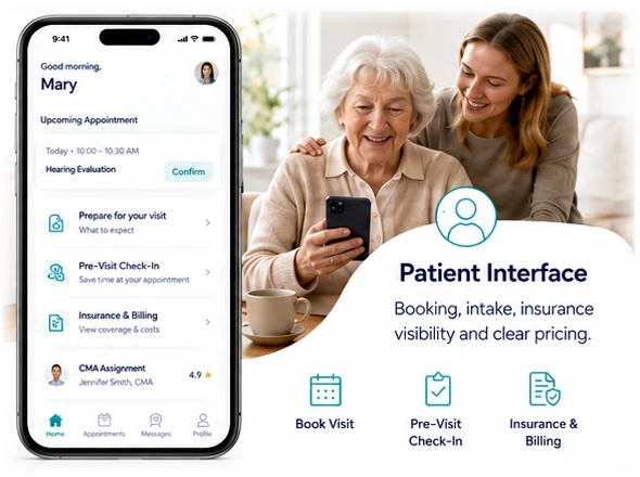 The patient app: booking, check-in, insurance, and the family at home