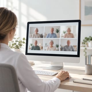 A care professional overseeing a calm remote-session grid