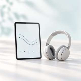 A tablet with an abstract hearing-test chart beside headphones