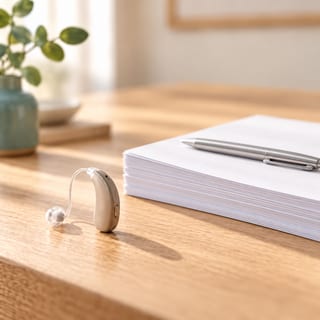 A hearing aid beside an orderly stack of blank documents and a silver pen