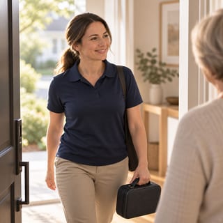 A care assistant arriving at a home with a compact care case