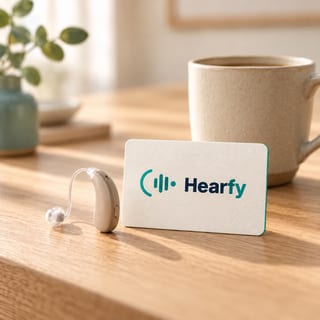 A hearing aid beside a premium Hearfy membership card and tea