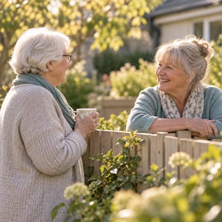 Two older neighbours in a warm conversation across a garden fence