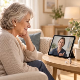 An older woman receiving a focused remote hearing-care consultation