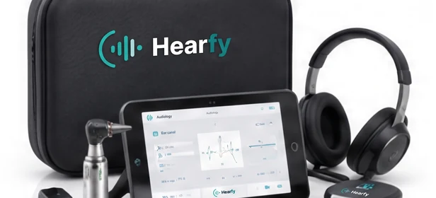 The Hearfy kit: a branded case with an otoscope, tablet, audiometric headphones and hearing aids