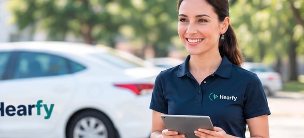 A Hearfy CMA with a tablet, standing beside a branded car on a residential street