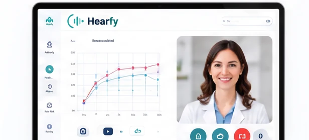 The clinician console on a laptop: a results chart beside an audiologist on video