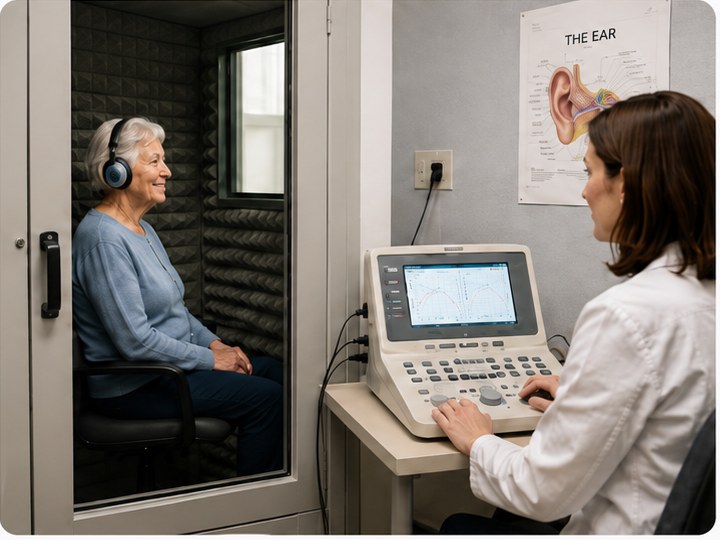 An audiologist tests a patient in a sound booth