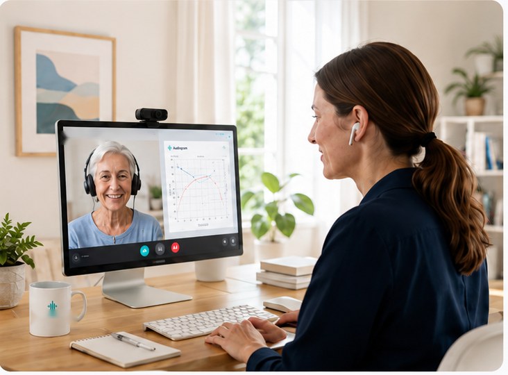 An audiologist runs the same test over a video call