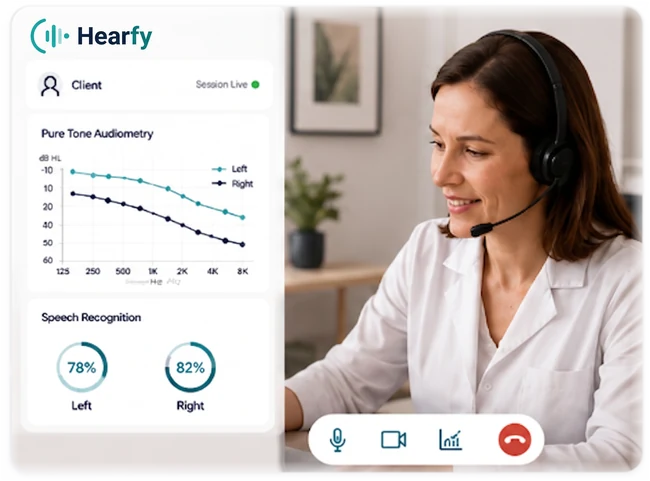The tele-audiology console: a live session with the pure-tone audiogram and speech-recognition scores beside the audiologist on video