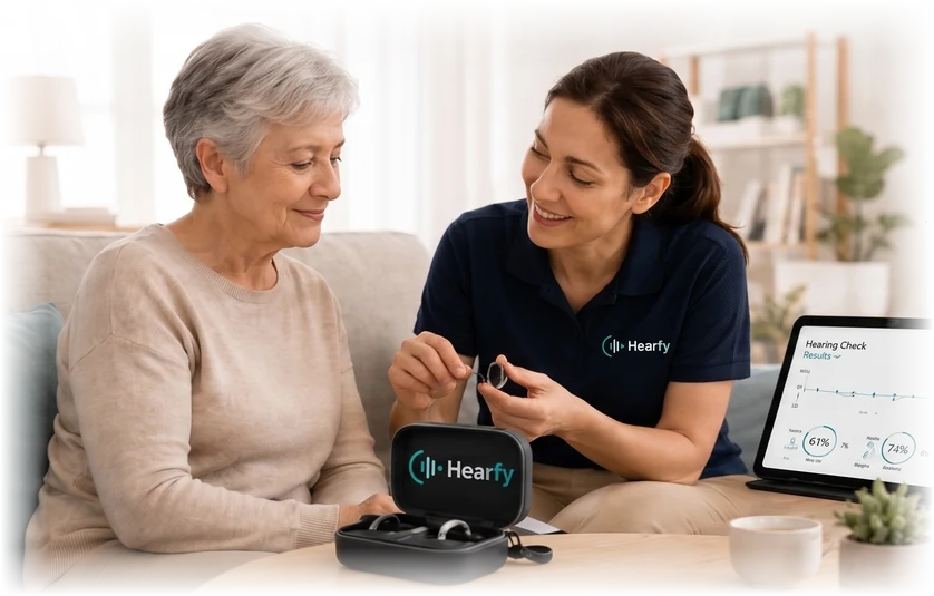 A Hearfy CMA sits with a patient at home, fitting a hearing aid from the kit while a tablet shows the hearing check